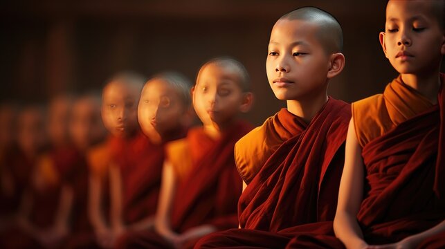 close-up beauty of young Buddhist monks in traditional attire, fostering cultural harmony and serenity.