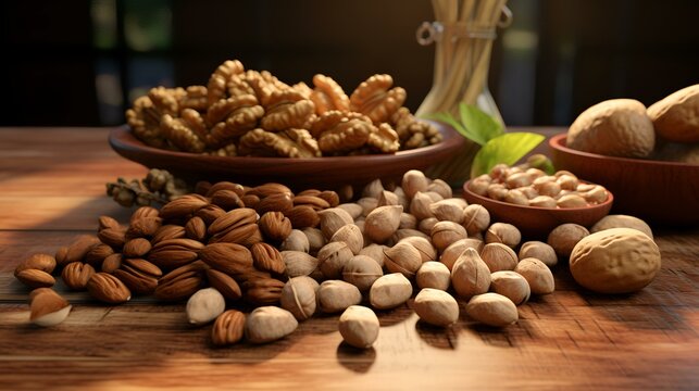Composition with nuts on wooden table, close up. Healthy snack