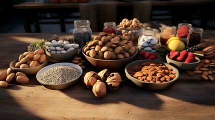 Healthy food selection on wooden table. Almond, hazelnuts, walnuts, pistachios, cashew nuts, sesame seeds, pecans, pecans, almonds, pecans, chia seeds - obrazy, fototapety, plakaty