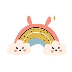 Cute rainbow with clouds. Vector illustration in flat cartoon style