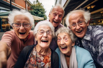 Group of elderly people taking a selfie, Spirited portrait, happy smiling group of senior citizens, pensioners having fun - obrazy, fototapety, plakaty