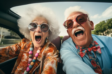 Couple of trendy elderly people taking a selfie, Spirited portrait, happy smiling group of senior citizens, pensioners having fun