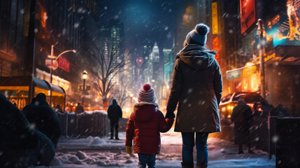 A woman and child walks down a busy cold, winter city street at night. Mother and son smile hugging on a cold and snowy street at night - obrazy, fototapety, plakaty