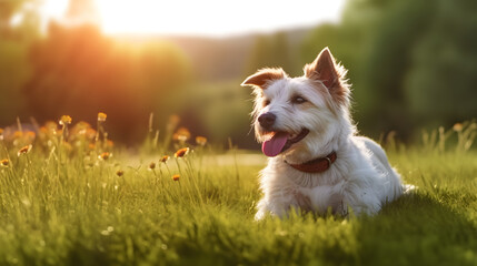 Serene Dog Lying in a Meadow at Sunset: Capturing a Moment of Tranquility and Natural Beauty