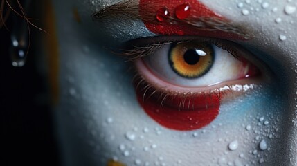 A close up of a person's eye with red paint and white eyes, AI - Powered by Adobe