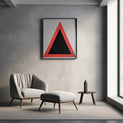 A minimalist abstract composition with a solitary triangular shape in bold, contrasting colors against a muted grey canvas.