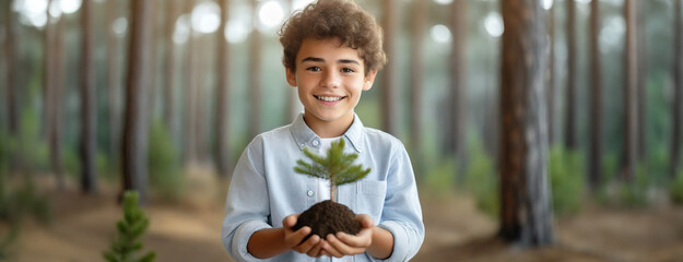 Young boy in a forest nurturing a young pine tree In a soft-focus forest, a smiling male carefully holding sapling with a clump of soil, symbolizing growth and care. - Powered by Adobe