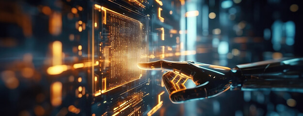 Concept art of a futuristic quantum computer interface with glowing lights, suggesting advanced technology and speed.