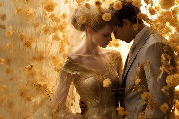 Portrait of beautiful groom and bride in wedding dress with yellow flowers. Golden colors, creative image, love and romance, golden wedding