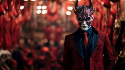 Fotobehang Man in red devil costume with copyspace © Daria17