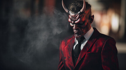 Man in red devil costume with copyspace - obrazy, fototapety, plakaty