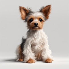 Small cute shaggy white Yorkshire Terrier puppy sitting on white background and looking into the frame. Beautiful illustration of a puppy, drawing of a pet, dog. Love for pets.