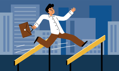 Businessman runs jumping over obstacles. Career steeplechase, striving success at work, stubborn man, prosperous overcoming , vector concept.eps - obrazy, fototapety, plakaty