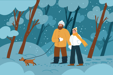 Happy guy with girl walking with dog in evening winter forest. Cartoon couple in love with pet promenades in city park, vector concept.eps - obrazy, fototapety, plakaty