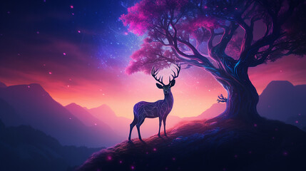 AI Generated neon color deer on hill next to a tree photo - obrazy, fototapety, plakaty