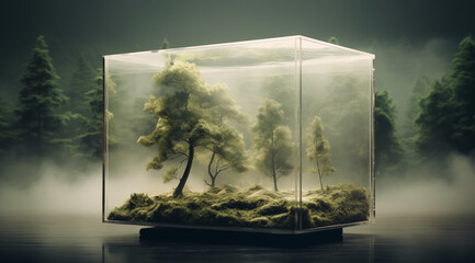 tree in glass cube with landscape on background