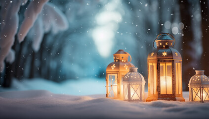 glowing lanterns in snow with winter forest background with copy space