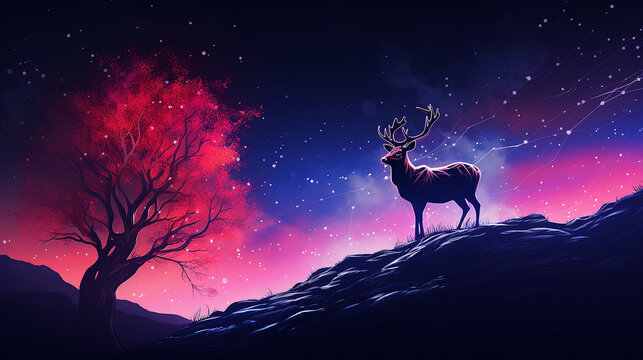 AI Generated neon color deer on hill next to a tree photo