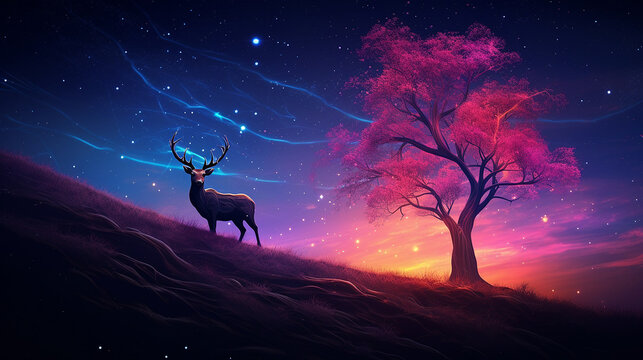 AI Generated neon color deer on hill next to a tree photo