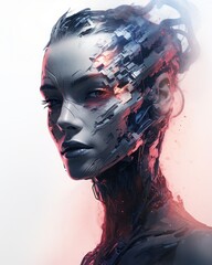 Portrait of a Futuristic Female Robot in Popart Style Amidst Colored Smoke – Ethereal Digital Art with Minimalistic Design and Cybernetic Aesthetics.