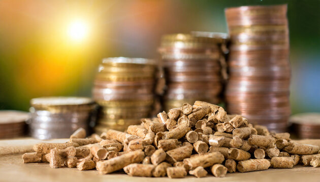 wood pellets and pile of EURO coints. Generative AI