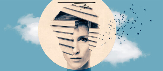 Female head with books as a metaphor for a education. Art collage.