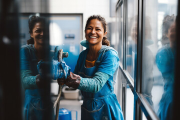 Happy Hispanic Worker Cleaning Glass Window