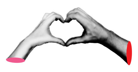 Valentines day halftone collage element. Hands making heart gesture. Female and male hands making love sign. Trendy modern retro vector illustration isolated on transparent background