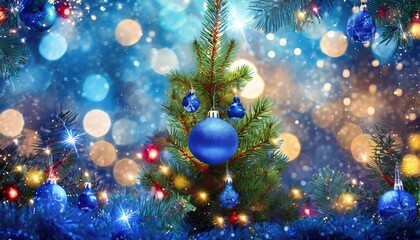 Obraz na płótnie Canvas christmas tree with ornaments in blue and bokeh lights real fir branches with glittering in abstract defocused background this image contain 3d rendering elements