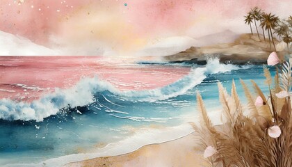 boho pink sea with waves art print abstract minimal background bohemian printable wall art boho...