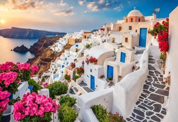 . Pictures view of traditional cycladic Santorini houses on small street with flowers in foreground - obrazy, fototapety, plakaty