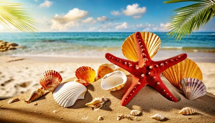 Fototapeta na wymiar summer beach with strafish and shells