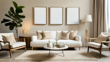 three empty vertical picture frames in a modern living room with white sofa and beige pillows wall art mockup - obrazy, fototapety, plakaty