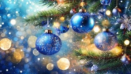 Fototapeta na wymiar christmas tree with ornaments in blue and bokeh lights real fir branches with glittering in abstract defocused background this image contain 3d rendering elements