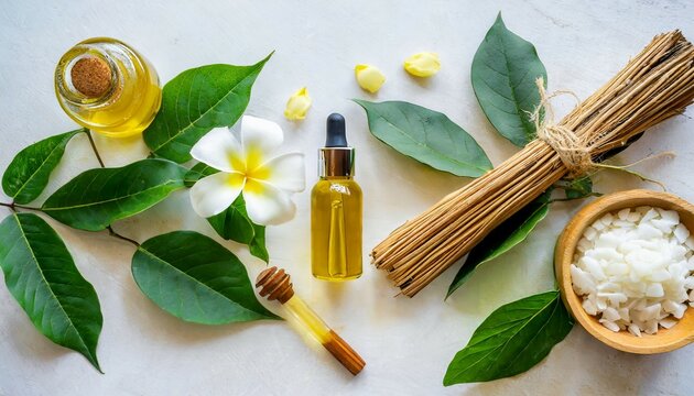 essential oil for beauty skin flat lay beauty ingredients on a light background top view beauty healthy lifestyle concept copy space