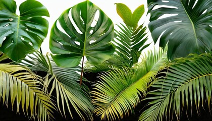 collection of green leaves of tropical plants bush monstera palm rubber plant pine bird s nest fern cutout or clipping path