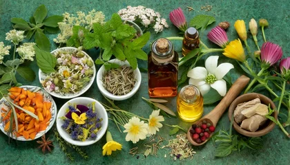 Fotobehang botanical blends herbs essencial oils for naturopathy natural remedy herbal medicine blends for bath and tea on green background © Josue