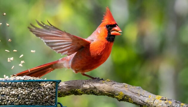 northern cardinal perching on branch or flying up to bird feeder for a bite of sunflower seeds