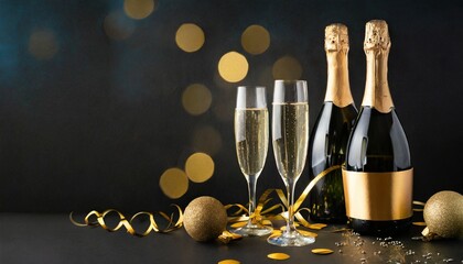 luxury celebration birthday new year s eve sylvester or other holidays background banner greeting card toast with sparkling wine or champagne glasses and bottle on dark black night background