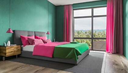 side view of green and pink bedroom gray bed
