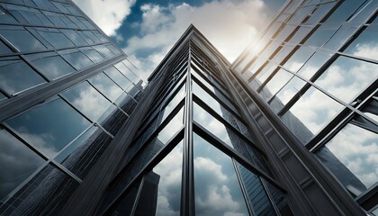 perspective of high rise building and dark steel window system with clouds reflected on the glass...