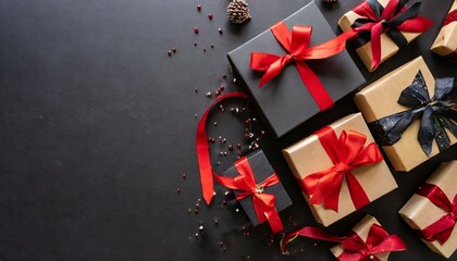 black friday top view christmas boxes with ribbon on black background with copy space generative ai