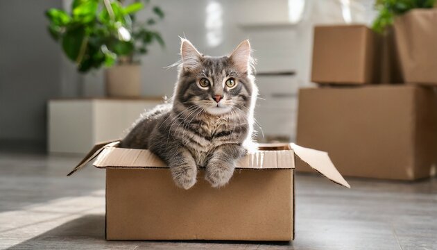 cute grey tabby cat in cardboard box on floor at home