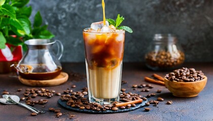 ice coffee in a tall glass with cream poured over ice cubes and beans on a dark concrete table
