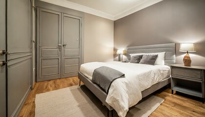 contemporary bedroom with king size bed white sheets gray wrap on bed small silver cupboards with table lamp
