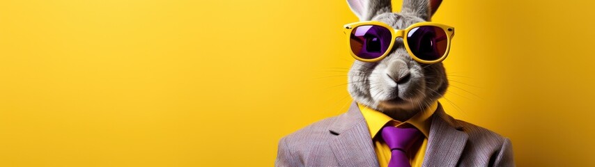 Easter artwork with a easter bunny in a suit wearing sunglasses in easter colors yellow and purple. lot of open space for text. Generative AI - obrazy, fototapety, plakaty