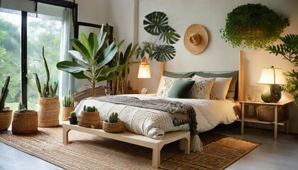 cozy asian bedroom with ethnic decor lamp on nightstand comfy bed carpet cactus in basket and natural green plant composition