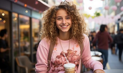 Cheerful Woman with Curly Hair Smiling and Looking at Camera in a Coffee Shop - obrazy, fototapety, plakaty