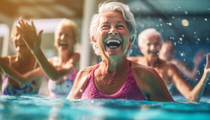 Obraz na płótnie Canvas Senior woman lifting her arms in aqua fitness class in a swimming pool