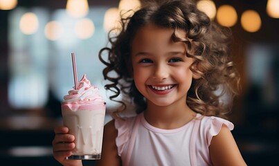 Cheerful Woman Enjoying a Sweet Drink with a Cute Smile - obrazy, fototapety, plakaty